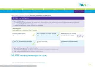 AcknowledgementsBack to contents References
4
1 2 3 4 5 6 7 8
Type 2 diabetes Introduction to
structured education
What the person
with diabetes thinks
Commissioning Referring Providers Menu of Type 2
education providers
Why a toolkit?
9
Next steps
and resources
STEPS to your healthy future
Menu of Type 2 education providers: Education aimed at hard to reach groups
Programme overview
1	 A bespoke year-long programme. Ten weekly 1 hour sessions for up to ten in a group. Followed by 9.5 months of regular support
and two monthly facilitated sessions.
2	 Centred on behavioural change, nutrition and movement.
: www.stepstoyourhealthyfuture.co.uk/
Contact
Is it used nationally?
No
Target audience
Newly diagnosed or established Type 2 diabetes
Is there any user evaluation/feedback?
Yes
3
Available in different languages?
No
1
	 NICE, Clinical Guidance 87 (2014) Type 2 Diabetes: The Management of Type 2 Diabetes. Download
What is the cost per patient?
£250 per patient for the year
£250
Why choose this programme? What are the USPs?
1	 Delivered outside the NHS - by fitness professionals rather then healthcare professionals.
2	 Year long programme is the only one of its kind in the UK.
Outcome evidence base?
Yes 3
NICE1
Compliant and quality assured?
Yes 3
 