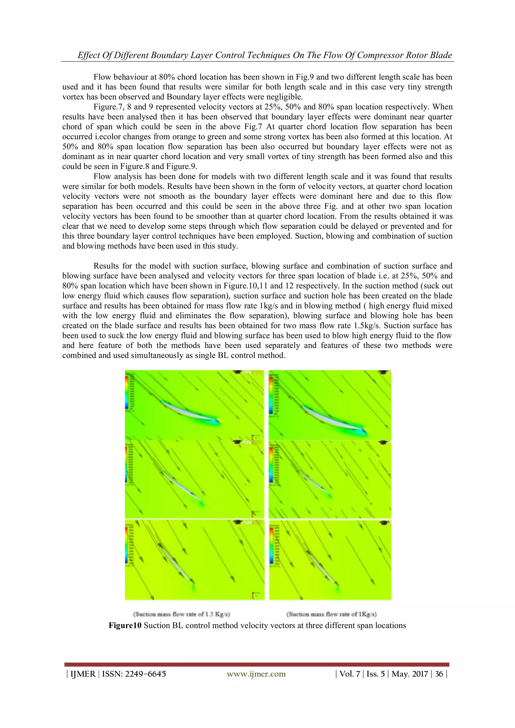Effect Of Different Boundary Layer Control Techniques On The Flow Of Compressor Rotor Blade
| IJMER | ISSN: 2249–6645 www.ijmer.com | Vol. 7 | Iss. 5 | May. 2017 | 36 |
Flow behaviour at 80% chord location has been shown in Fig.9 and two different length scale has been
used and it has been found that results were similar for both length scale and in this case very tiny strength
vortex has been observed and Boundary layer effects were negligible.
Figure.7, 8 and 9 represented velocity vectors at 25%, 50% and 80% span location respectively. When
results have been analysed then it has been observed that boundary layer effects were dominant near quarter
chord of span which could be seen in the above Fig.7 At quarter chord location flow separation has been
occurred i.ecolor changes from orange to green and some strong vortex has been also formed at this location. At
50% and 80% span location flow separation has been also occurred but boundary layer effects were not as
dominant as in near quarter chord location and very small vortex of tiny strength has been formed also and this
could be seen in Figure.8 and Figure.9.
Flow analysis has been done for models with two different length scale and it was found that results
were similar for both models. Results have been shown in the form of velocity vectors, at quarter chord location
velocity vectors were not smooth as the boundary layer effects were dominant here and due to this flow
separation has been occurred and this could be seen in the above three Fig. and at other two span location
velocity vectors has been found to be smoother than at quarter chord location. From the results obtained it was
clear that we need to develop some steps through which flow separation could be delayed or prevented and for
this three boundary layer control techniques have been employed. Suction, blowing and combination of suction
and blowing methods have been used in this study.
Results for the model with suction surface, blowing surface and combination of suction surface and
blowing surface have been analysed and velocity vectors for three span location of blade i.e. at 25%, 50% and
80% span location which have been shown in Figure.10,11 and 12 respectively. In the suction method (suck out
low energy fluid which causes flow separation), suction surface and suction hole has been created on the blade
surface and results has been obtained for mass flow rate 1kg/s and in blowing method ( high energy fluid mixed
with the low energy fluid and eliminates the flow separation), blowing surface and blowing hole has been
created on the blade surface and results has been obtained for two mass flow rate 1.5kg/s. Suction surface has
been used to suck the low energy fluid and blowing surface has been used to blow high energy fluid to the flow
and here feature of both the methods have been used separately and features of these two methods were
combined and used simultaneously as single BL control method.
Figure10 Suction BL control method velocity vectors at three different span locations
 