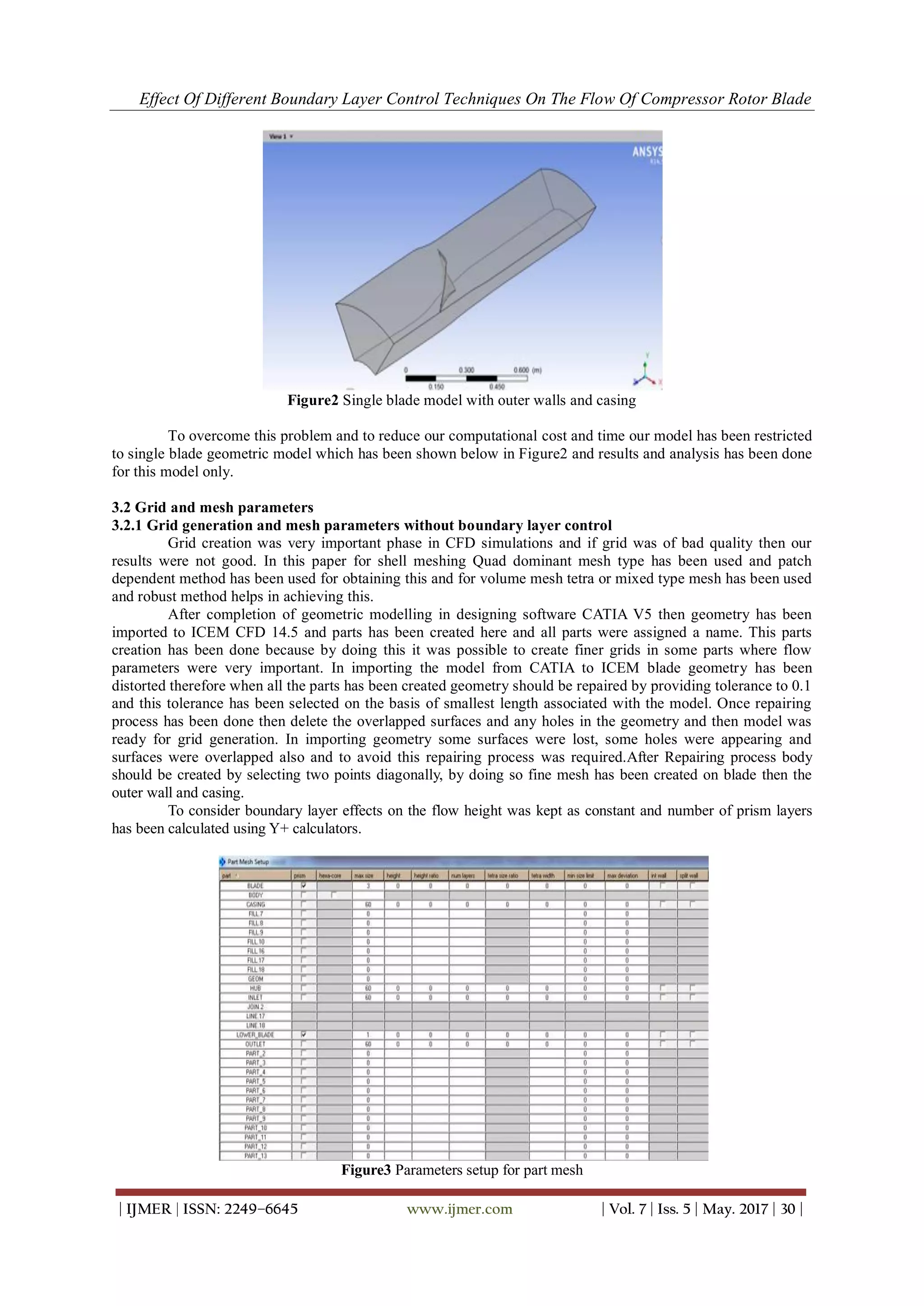 Effect Of Different Boundary Layer Control Techniques On The Flow Of Compressor Rotor Blade
| IJMER | ISSN: 2249–6645 www.ijmer.com | Vol. 7 | Iss. 5 | May. 2017 | 30 |
Figure2 Single blade model with outer walls and casing
To overcome this problem and to reduce our computational cost and time our model has been restricted
to single blade geometric model which has been shown below in Figure2 and results and analysis has been done
for this model only.
3.2 Grid and mesh parameters
3.2.1 Grid generation and mesh parameters without boundary layer control
Grid creation was very important phase in CFD simulations and if grid was of bad quality then our
results were not good. In this paper for shell meshing Quad dominant mesh type has been used and patch
dependent method has been used for obtaining this and for volume mesh tetra or mixed type mesh has been used
and robust method helps in achieving this.
After completion of geometric modelling in designing software CATIA V5 then geometry has been
imported to ICEM CFD 14.5 and parts has been created here and all parts were assigned a name. This parts
creation has been done because by doing this it was possible to create finer grids in some parts where flow
parameters were very important. In importing the model from CATIA to ICEM blade geometry has been
distorted therefore when all the parts has been created geometry should be repaired by providing tolerance to 0.1
and this tolerance has been selected on the basis of smallest length associated with the model. Once repairing
process has been done then delete the overlapped surfaces and any holes in the geometry and then model was
ready for grid generation. In importing geometry some surfaces were lost, some holes were appearing and
surfaces were overlapped also and to avoid this repairing process was required.After Repairing process body
should be created by selecting two points diagonally, by doing so fine mesh has been created on blade then the
outer wall and casing.
To consider boundary layer effects on the flow height was kept as constant and number of prism layers
has been calculated using Y+ calculators.
Figure3 Parameters setup for part mesh
 