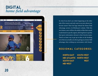 20
So what if you don’t care what’s happening on the other
side of the country and only want to see news about your
favorite teams? That’s the logic behind the Home-Field
Advantage section of @TheBuzzer’s website. With this
newfeature,userswillhavetheabilitytofiltertheirsearch
resultsbasedonspecificregions,allowingthemtoquickly
find sports information relevant to their favorite teams.
There’s no faster way to get up-to-date on the breaking
newsthatyouactuallycareabout,givingyouahome-field
advantage when striking up conversation with friends.
r e g i o n a l c at e g o r i e s :
north-east
mid-atlantic
south-east
mid-west
south-west
north-west
west
digital
home-field advantage
 