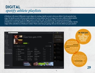 29
spotify athlete playlists
@TheBuzzer will connect Millennials to sports figures by creating a Spotify account to showcase athletes’ favorite gameday hype
songs. The Spotify account will feature public playlists of various athletes’ top 10-15 songs. Every week, a different athlete’s playlist
will be posted in conjunction with the biggest sports events of the week. New playlists will be announced and posted on
@TheBuzzer’s social media platforms to build awareness of the outlet and promote usage. For quick and easy accessibility, a Spotify
widget will be embedded on @TheBuzzer’s website. What’s cooler than pre-gaming with your favorite athlete’s pre-game playlist?
80 percent
of
millennials
listen to
internet
radio
Spotify will increase
overall brand awareness by
promoting @TheBuzzer on
its site, in turn leading to
increased traffic on
the website and social
media platforms.
Spotify playlists gives
listeners a home-field
advantage by connecting
them with their favorite
players’ favorite songs and
playlists to make fans feel
even more connected
to the game.
digital
 