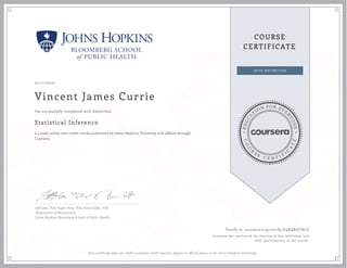 EDUCA
T
ION FOR EVE
R
YONE
CO
U
R
S
E
C E R T I F
I
C
A
TE
COURSE
CERTIFICATE
01/11/2016
Vincent James Currie
Statistical Inference
a 4 week online non-credit course authorized by Johns Hopkins University and offered through
Coursera
has successfully completed with distinction
Jeff Leek, PhD; Roger Peng, PhD; Brian Caffo, PhD
Department of Biostatistics
Johns Hopkins Bloomberg School of Public Health
Verify at coursera.org/verify/E9RQRGCKLV
Coursera has confirmed the identity of this individual and
their participation in the course.
This certificate does not confer academic credit toward a degree or official status at the Johns Hopkins University.
 