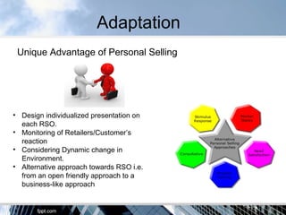 Adaptation
Unique Advantage of Personal Selling
• Design individualized presentation on
each RSO.
• Monitoring of Retailers/Customer’s
reaction
• Considering Dynamic change in
Environment.
• Alternative approach towards RSO i.e.
from an open friendly approach to a
business-like approach
 