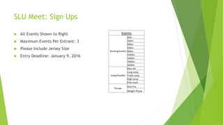 SLU Meet: Sign Ups
 All Events Shown to Right
 Maximum Events Per Entrant: 3
 Please Include Jersey Size
 Entry Deadline: January 9, 2016
Events
Running Events
60m
200m
400m
500m
800m
1000m
1600m
3000m
5000m
Jump/Hurdles
60m HH
Long Jump
Triple Jump
High Jump
Pole Vault
Throws
Shot Put
Weight Throw
 
