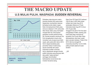 THE MACRO UPDATE 
U.S MULAI PULIH, WASPADAI SUDDEN REVERSAL 
Perbaikan data ekonomi makro 
Amerika Serikat (AS) pada bulan 
September memberikan tekanan 
terhadap kondisi dalam negeri. 
Data Unemployement Rate yang 
menurun sebesar 0,10% serta data 
New Home Sales yang meningkat 
menjadi 504 ribu menunjukan 
perbaikan kondisi perkeonomian 
AS. Kondisi tersebut membuat The 
Fed mengeluarkan sinyal untuk 
menaikan suku bunga acuan lebih 
cepat, yaitu pada akhir tahun 2014. 
Hal ini dapat berakibat pada 
penarikan keluar modal asing 
secara serentak dari pasar 
Indonesia (sudden reversal). 
Hal ini diperparah dengan kondisi 
politik Indonesia yang disusupi oleh 
aksi politik “balas-dendam” 
sehingga menimbulkan 
kekhawatiran dunia bisnis dan 
investor terutama asing. 
Data Core CPI Sept 2014 sebesar 
109,42 atau 0,29% lebih besar 
(inflasi) dari bulan Aug 2014 
sedangkan Balance of Trade 
Indonesia bulan Aug 2014 minus 
318,10 juta US$. 
Tanggal 8 Oct 2014 The Fed akan 
mengadakan FOMC meeting, jika 
hasil rapat tetap mendukung 
kenaikan Fed Funds Rate maka 
dikhawatirkan nilai tukar rupiah 
akan semakin tertekan. Pada 6 Oct 
2014 nilai kurs tengah BI 
menembus level Rp.12.212 /USD, 
paling rendah selama 6 bulan 
terakhir. 
_GR 
12.250 
12.200 
12.150 
12.100 
12.050 
12.000 
11.950 
11.900 
Rp. / USD 
22-Sep-14 
23-Sep-14 
24-Sep-14 
25-Sep-14 
26-Sep-14 
27-Sep-14 
28-Sep-14 
29-Sep-14 
30-Sep-14 
01-Okt-14 
02-Okt-14 
03-Okt-14 
04-Okt-14 
05-Okt-14 
06-Okt-14 
BI RATE 
7,50% 
FED RATE 
0,25% 
