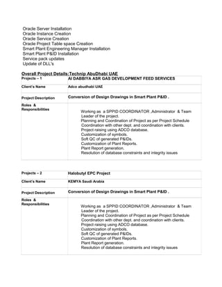 Oracle Server Installation
Oracle Instance Creation
Oracle Service Creation
Oracle Project Table space Creation
Smart Plant Engineering Manager Installation
Smart Plant P&ID Installation
Service pack updates
Update of DLL's
Overall Project Details:Technip AbuDhabi UAE
Projects – 1 Al DABBIYA ASR GAS DEVELOPMENT FEED SERVICES
Client’s Name Adco abudhabi UAE
Project Description Conversion of Design Drawings in Smart Plant P&ID .
Roles &
Responsibilities
Working as a SPPID COORDINATOR ,Administrator & Team
Leader of the project.
Planning and Coordination of Project as per Project Schedule
Coordination with other dept. and coordination with clients.
Project raising using ADCO database.
Customization of symbols.
Soft QC of generated P&IDs.
Customization of Plant Reports.
Plant Report generation.
Resolution of database constraints and integrity issues
Projects – 2 Halobutyl EPC Project
Client’s Name KEMYA Saudi Arabia
Project Description Conversion of Design Drawings in Smart Plant P&ID .
Roles &
Responsibilities
Working as a SPPID COORDINATOR ,Administrator & Team
Leader of the project.
Planning and Coordination of Project as per Project Schedule
Coordination with other dept. and coordination with clients.
Project raising using ADCO database.
Customization of symbols.
Soft QC of generated P&IDs.
Customization of Plant Reports.
Plant Report generation.
Resolution of database constraints and integrity issues
 