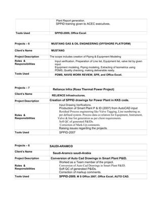 Plant Report generation.
SPPID training given to ACEC executives.
Tools Used SPPID-2009, Office Excel.
Projects – 6 MUSTANG GAS & OIL ENGINEERING (OFFSHORE PLATFORM)
Client’s Name MUSTANG
Project Description The scope includes creation of Piping & Equipment Modeling
Roles &
Responsibilities
Input verification, Preparation of Line list, Equipment list, valve list by given
input.
Equipment modeling, Piping modeling, Extracting of Isometrics using
PDMS, Quality checking, making deliverable ready.
Tools Used PDMS, NAVIS WORK REVIEW, SPR, and Office Excel.
Projects – 7
Reliance Infra (Rosa Thermal Power Project)
Client’s Name
RELIENCE Infrastructures.
Project Description Creation of SPPID drawings for Power Plant in KKS code.
Roles &
Responsibilities
Input Drawing Verifications.
Production of Smart Plant P & ID (2007) from AutoCAD input
Residual Process engineering like Valve Tagging, Line numbering as.
per defined system. Process data co relation for Equipment, Instrument,
Valve & line list generation as per client requirements.
Soft QC of generated P&IDs.
Correction of Mark-Up comments.
Raising issues regarding the projects.
Tools Used SPPID-2007
Projects – 8 SAUDI-ARAMCO
Client’s Name
Saudi-Aramco saudi-Arabia
Project Description Conversion of Auto Cad Drawings in Smart Plant P&ID.
Roles &
Responsibilities
Worked as a Team member of the project.
Conversion of Auto Cad Drawings in Smart Plant P&ID.
Soft QC of generated P&IDs.
Correction of markup comments.
Tools Used SPPID-2009, M S Office 2007, Office Excel, AUTO CAD.
 