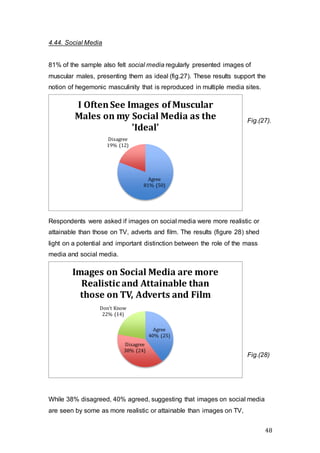 48
4.44. Social Media
81% of the sample also felt social media regularly presented images of
muscular males, presenting them as ideal (fig.27). These results support the
notion of hegemonic masculinity that is reproduced in multiple media sites.
Fig.(27).
Respondents were asked if images on social media were more realistic or
attainable than those on TV, adverts and film. The results (figure 28) shed
light on a potential and important distinction between the role of the mass
media and social media.
Fig.(28)
While 38% disagreed, 40% agreed, suggesting that images on social media
are seen by some as more realistic or attainable than images on TV,
Agree
81% (50)
Disagree
19% (12)
I OftenSee Images of Muscular
Males on my Social Media as the
'Ideal'
Agree
40% (25)
Disagree
38% (24)
Don't Know
22% (14)
Images on Social Media are more
Realistic and Attainable than
those on TV, Adverts and Film
 