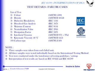 Involve to Solve
Slide No. 13 Copyrights © 2005 TNB Research
TEST DETAILS : FAILURE CASES
List of Test
1) Colour (ASTM 1500)
2) Density (ASTM D 4052)
3) Dielectric Breakdown (IEC 156)
4) Dissolved Gas Analysis (IEC 567)
5) Moisture Content (IEC 814)
6) Neutralization Value (IEC 296)
7) Dissipation Factor (IEC 247)
8) Interfacial Tension (ASTM D 971 – 99a)
9) Kinematic Viscosity 40 °C (ASTM D 445)
10) Carbon type (ASTM 2140)
NOTE :
1) Three samples were taken from each failed unit.
2) All three samples were tested individually based on the International Testing Method
3) Test were conducted under the transformer oil testing guidelines / settings
4) Interpretation of test results are based on IEC 60422 and IEC 60599
IEC 60599 : INTERPRETATION OF DGA
Gomathy Sethuraman TNBR
 