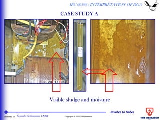 Involve to Solve
Slide No. 16 Copyrights © 2005 TNB Research
Visible sludge and moisture
IEC 60599 : INTERPRETATION OF DGA
CASE STUDY A
Gomathy Sethuraman TNBR
 