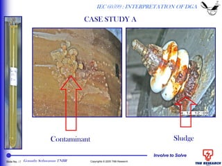 Involve to Solve
Slide No. 17 Copyrights © 2005 TNB Research
SludgeContaminant
IEC 60599 : INTERPRETATION OF DGA
CASE STUDY A
Gomathy Sethuraman TNBR
 