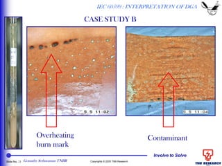 Involve to Solve
Slide No. 23 Copyrights © 2005 TNB Research
ContaminantOverheating
burn mark
IEC 60599 : INTERPRETATION OF DGA
CASE STUDY B
Gomathy Sethuraman TNBR
 