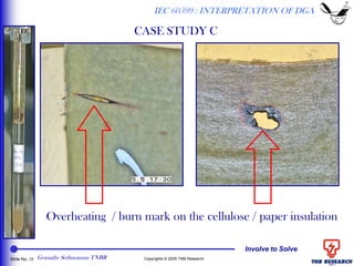 Involve to Solve
Slide No. 28 Copyrights © 2005 TNB Research
Overheating / burn mark on the cellulose / paper insulation
IEC 60599 : INTERPRETATION OF DGA
CASE STUDY C
Gomathy Sethuraman TNBR
 