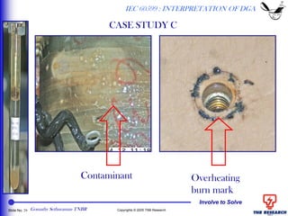 Involve to Solve
Slide No. 29 Copyrights © 2005 TNB Research
Contaminant Overheating
burn mark
IEC 60599 : INTERPRETATION OF DGA
CASE STUDY C
Gomathy Sethuraman TNBR
 