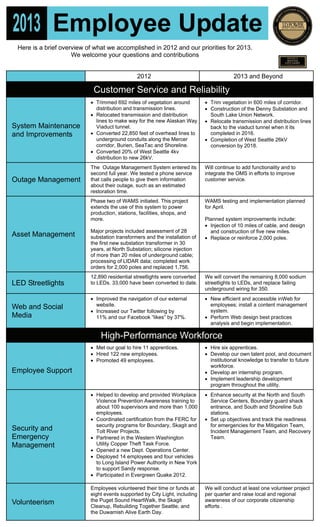 Employee Update
Here is a brief overview of what we accomplished in 2012 and our priorities for 2013.
We welcome your questions and contributions
2012 2013 and Beyond
Customer Service and Reliability
System Maintenance
and Improvements
 Trimmed 692 miles of vegetation around
distribution and transmission lines.
 Relocated transmission and distribution
lines to make way for the new Alaskan Way
Viaduct tunnel.
 Converted 22,850 feet of overhead lines to
underground conduits along the Mercer
corridor, Burien, SeaTac and Shoreline.
 Converted 20% of West Seattle 4kv
distribution to new 26kV.
 Trim vegetation in 600 miles of corridor.
 Construction of the Denny Substation and
South Lake Union Network.
 Relocate transmission and distribution lines
back to the viaduct tunnel when it its
completed in 2016.
 Completion of West Seattle 26kV
conversion by 2018.
Outage Management
The Outage Management System entered its
second full year. We tested a phone service
that calls people to give them information
about their outage, such as an estimated
restoration time.
Will continue to add functionality and to
integrate the OMS in efforts to improve
customer service.
Asset Management
Phase two of WAMS initiated. This project
extends the use of this system to power
production, stations, facilities, shops, and
more.
Major projects included assessment of 28
substation transformers and the installation of
the first new substation transformer in 30
years, at North Substation; silicone injection
of more than 20 miles of underground cable;
processing of LIDAR data; completed work
orders for 2,000 poles and replaced 1,756.
WAMS testing and implementation planned
for April.
Planned system improvements include:
 Injection of 10 miles of cable, and design
and construction of five new miles.
 Replace or reinforce 2,000 poles.
LED Streetlights
12,890 residential streetlights were converted
to LEDs. 33,000 have been converted to date.
We will convert the remaining 8,000 sodium
streetlights to LEDs, and replace failing
underground wiring for 350.
Web and Social
Media
 Improved the navigation of our external
website.
 Increased our Twitter following by
11% and our Facebook “likes” by 37%.
 New efficient and accessible inWeb for
employees; install a content management
system.
 Perform Web design best practices
analysis and begin implementation.
High-Performance Workforce
Employee Support
 Met our goal to hire 11 apprentices.
 Hired 122 new employees.
 Promoted 49 employees.
 Hire six apprentices.
 Develop our own talent pool, and document
institutional knowledge to transfer to future
workforce.
 Develop an internship program.
 Implement leadership development
program throughout the utility.
Security and
Emergency
Management
 Helped to develop and provided Workplace
Violence Prevention Awareness training to
about 100 supervisors and more than 1,000
employees.
 Coordinated certification from the FERC for
security programs for Boundary, Skagit and
Tolt River Projects.
 Partnered in the Western Washington
Utility Copper Theft Task Force.
 Opened a new Dept. Operations Center.
 Deployed 14 employees and four vehicles
to Long Island Power Authority in New York
to support Sandy response.
 Participated in Evergreen Quake 2012.
 Enhance security at the North and South
Service Centers, Boundary guard shack
entrance, and South and Shoreline Sub
stations.
 Set up objectives and track the readiness
for emergencies for the Mitigation Team,
Incident Management Team, and Recovery
Team.
Volunteerism
Employees volunteered their time or funds at
eight events supported by City Light, including
the Puget Sound HeartWalk, the Skagit
Cleanup, Rebuilding Together Seattle, and
the Duwamish Alive Earth Day.
We will conduct at least one volunteer project
per quarter and raise local and regional
awareness of our corporate citizenship
efforts .
2013
 