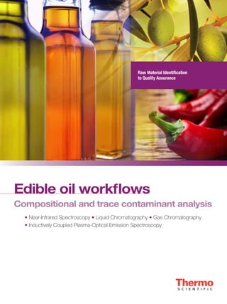 Edible oil workflows
Compositional and trace contaminant analysis	
• Near-Infrared Spectroscopy • Liquid Chromatography • Gas Chromatography
• Inductively Coupled Plasma-Optical Emission Spectroscopy
Raw Material Identification
to Quality Assurance
Raw Material Identification
to Quality Assurance
 