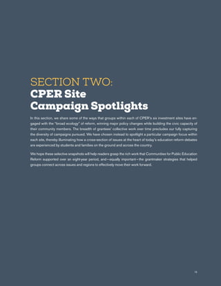 15
SECTION TWO:
CPER Site
Campaign Spotlights
In this section, we share some of the ways that groups within each of CPER’s six investment sites have en-
gaged with the “broad ecology” of reform, winning major policy changes while building the civic capacity of
their community members. The breadth of grantees’ collective work over time precludes our fully capturing
the diversity of campaigns pursued. We have chosen instead to spotlight a particular campaign focus within
each site, thereby illuminating how a cross-section of issues at the heart of today’s education reform debates
are experienced by students and families on the ground and across the country.
We hope these selective snapshots will help readers grasp the rich work that Communities for Public Education
Reform supported over an eight-year period, and — equally important — the grantmaker strategies that helped
groups connect across issues and regions to effectively move their work forward.
 