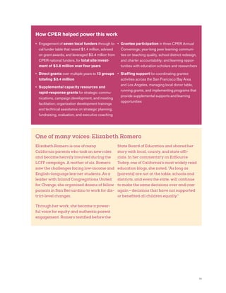 19
•	Engagement of seven local funders through lo-
cal funder table that raised $1.4 million, advised
on grant awards, and leveraged $2.4 million from
CPER national funders, for total site invest-
ment of $3.8 million over four years
•	Direct grants over multiple years to 13 groups
totaling $3.4 million
•	Supplemental capacity resources and
rapid-response grants for strategic commu-
nications, campaign development, and meeting
facilitation; organization development trainings
and technical assistance on strategic planning,
fundraising, evaluation, and executive coaching
•	Grantee participation in three CPER Annual
Convenings; year-long peer learning communi-
ties on teaching quality, school district redesign,
and charter accountability; and learning oppor-
tunities with education scholars and researchers
•	Staffing support for coordinating grantee
activities across the San Francisco Bay Area
and Los Angeles, managing local donor table,
running grants, and implementing programs that
provide supplemental supports and learning
opportunities
How CPER helped power this work
One of many voices: Elizabeth Romero
Elizabeth Romero is one of many
California parents who took on new roles
and became heavily involved during the
LCFF campaign. A mother of six, Romero
saw the challenges facing low-income and
English-language learner students. As a
leader with Inland Congregations United
for Change, she organized dozens of fellow
parents in San Bernardino to work for dis-
trict-level changes.
Through her work, she became a power-
ful voice for equity and authentic parent
engagement. Romero testified before the
State Board of Education and shared her
story with local, county, and state offi-
cials. In her commentary on EdSource
Today, one of California’s most widely read
education blogs, she noted, “As long as
[parents] are not at the table, schools and
districts, and even the state, will continue
to make the same decisions over and over
again — decisions that have not supported
or benefited all children equally.”
 