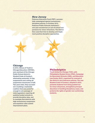 55
Philadelphia
Youth United for Change (YUC), with
Philadelphia Student Union (PSU), Campaign
for Nonviolent Schools (CNS), and Education
Law Center (ELC), organized for reversal of
the district’s zero tolerance policies. The new
Student Code of Conduct, adopted in 2012,
prevents students from being pushed out
for minor infractions, strengthens principal
discretion in handling disciplinary cases, and
protects the rights of gender non-conforming
students.
New Jersey
Paterson Education Fund (PEF), success-
fully campaigned against exclusionary
discipline policies. In October 2013,
Paterson Public Schools instituted a
one-year moratorium on out-of-school sus-
pensions for minor infractions. The district
then used that time to develop and imple-
ment positive discipline approaches.
Chicago
In 2012, Voices of Youth in
Chicago Education (VOYCE),
won overhaul of the Chicago
Public School district’s
Student Code of Conduct,
eliminating automatic 10-day
suspensions and cutting all
suspension maximums in half.
Two years later, they succeed-
ed in building a statewide
coalition that was powerful
enough to win passage of
state legislation requiring all
publicly funded schools to
provide discipline data, and
to mandate that districts with
high exclusionary suspension
and expulsion rates submit
improvement plans.
 