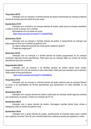 Terça-feira 20/10
Interação com as crianças e a família através de áudios incentivando as crianças a falarem
nomes de animais que tem perto de suas casas.
Quarta-feira 21/10
Interação com a família e as crianças através de áudios, pedir para as crianças assistirem
o vídeo e cantar e dançar com a família.
Brincadeiras com as partes do corpo
https://www.youtube.com/watch?v=vDee2bF8Xls
Quinta-feira 22/10
Interação com as crianças e famílias através de áudios. E perguntando as crianças que
lição podemos tirar com a história da galinha ruiva.
Se algum coleguinha precisar da nossa ajuda, podemos ajudar?
É legal ser preguiçoso?
Sexta-feira 23/10
Interação com as crianças e a família através de áudios perguntando se as crianças
conhecem algumas formas geométricas. Pedir para que as crianças falem os nomes de formas
geométricas que elas conhecem.
Segunda-feira 26/10
Interação com as crianças e as famílias através de áudios dando boas vindas,
perguntando como foi o fim de semana e como elas estão. Pedir para que assistam com a família o
vídeo sobre formas geométricas
https://www.youtube.com/watch?v=IdIGddBixtg
Terça-feira 27/10
Interação com as crianças e a família através de áudio pedindo para as crianças falarem
as cores e as quantidades de formas geométricas que apareceram no vídeo assistido no dia
anterior.
Quarta-feira 28/10
Interação com o grupo através de áudios e pedir para as crianças cantar algumas músicas
que cantávamos na escola, contem os numerais de 0 á 10.
Quinta-feira 29/10
interação com o grupo através de áudios, mensagens escritas dando boas vindas e
dialogando sobre a história da galinha ruiva.
Quinta-feira 30/10
Interação com o grupo através de áudios, questionando as crianças sobre qual a receita
que a galinha ruiva fez? Que tal com a família fazermos a deliciosa receita que aparece no vídeo.
4
 