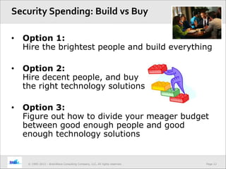 Page 12© 1995-2013 – BrainWave Consulting Company, LLC, All rights reserved.
• Option 1:
Hire the brightest people and build everything
• Option 2:
Hire decent people, and buy
the right technology solutions
• Option 3:
Figure out how to divide your meager budget
between good enough people and good
enough technology solutions
Security Spending: Build vs Buy
 