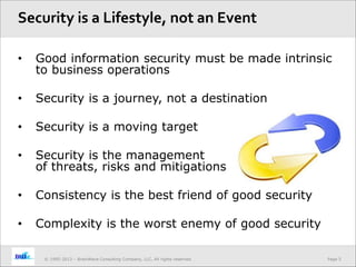 Page 5© 1995-2013 – BrainWave Consulting Company, LLC, All rights reserved.
• Good information security must be made intrinsic
to business operations
• Security is a journey, not a destination
• Security is a moving target
• Security is the management
of threats, risks and mitigations
• Consistency is the best friend of good security
• Complexity is the worst enemy of good security
Security is a Lifestyle, not an Event
 
