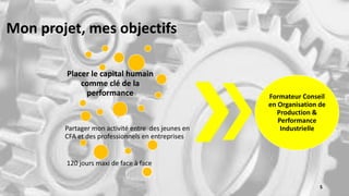 Mon projet, mes objectifs
Placer le capital humain
comme clé de la
performance
Partager mon activité entre des jeunes en
CFA et des professionnels en entreprises
Formateur Conseil
en Organisation de
Production &
Performance
Industrielle
120 jours maxi de face à face
5
 