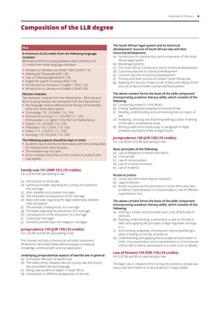 University of Pretoria 4
Composition of the LLB degree
Plus
A minimum of 24 credits from the following language
modules:
(BA (Law) and BCom (Law) graduates need a minimum of
12 credits from these language modules):
ƒƒ Afrikaans vir Sprekers van Ander Tale (1) (AFR 114)
ƒƒ Inleiding tot Teksstudie (AFR 120)
ƒƒ Taal- en Teksvaardigheid (AFR 110)
ƒƒ English for Specific Purposes (ENG 118)
ƒƒ Introduction to Literature in English 1 (ENG 110)
ƒƒ Introduction to Literature in English 2 (ENG 120)
Elective modules:
Two semester modules from the following list – BA (Law) and
BCom (Law) graduates are exempted from this requirement:
ƒƒ Any language module offered by the Faculty of Humanities
other than those listed above
ƒƒ Criminology 110, 120 (KRM 110, 120)
ƒƒ Financial Accounting 111, 122 (FRK 111, 122)
(Prerequisite: 5 or higher in the NSC for Mathematics)
ƒƒ History 110, 120 (GES 110, 120)
ƒƒ Philosophy 110, 120 (FIL 110, 120)
ƒƒ Politics 111, 120 (PTO 111, 120)
ƒƒ Sociology 110, 120 (SOC 110, 120)
The following aspects should be kept in mind:
ƒƒ Students have to familiarise themselves with the prerequisites
for modules from other faculties.
ƒƒ The modules may not clash.
ƒƒ Some modules have limits on the number of students who
may register.
Family Law 121 (FMR 121) (15 credits)
For LLB and BA specialising in law
(a)	 Introduction to family law
(b)	 General principles regarding the coming into existence
of a marriage
(c)	 Void, voidable and putative marriages
(d)	 The invariable consequences of the marriage
(e)	 Basic principles regarding the legal relationship between
child and parent
(f)	 The variable consequences of a marriage
(g)	 Principles regarding the dissolution of a marriage
(h)	 Consequences of the dissolution of a marriage
(i)	 Customary marriages
(j)	 Domestic partnerships and religious marriages
Jurisprudence 110 (JUR 110) (15 credits)
For LLB, BA and BCom specialising in law
The module has both a theoretical and skills component.
All elements described below will encompass conceptual
knowledge combined with practical application.
Underlying jurisprudential aspects of law/the law in general:
(a)	 A first-year definition of law/the law
(b)	 The relationships between law and society, law and history,
law and politics, law and language
(c)	 Being a law student or lawyer in South Africa
(d)	 Introduction to different perspectives on the law
The South African legal system and its historical
development; Sources of South African law and their
historical development:
(a)	 Introduction to characteristics and components of the South
African legal system
(b)	 Mixed legal systems
(c)	 The South African Constitution and its historical development
(d)	 Customary law and its historical development
(e)	 Common law and its historical development
(f)	 Primary and other sources of modern South African law
(g)	 Applying the sources of law to a set of facts and relying on the
sources of law to answer a jurisprudential question
The above content forms the basis of the skills component
(incorporating academic literacy skills), which consists of the
following:
(a)	 Conducting research in the library
(b)	 Finding, reading and applying the sources of law
(c)	 Reading, understanding and summarising texts on topics of
law
(d)	 Analysing, criticising and improving (editing) a piece of writing
on the law in a theoretical sense
(e)	 Writing a well-constructed essay or paragraph on legal
problems and topics of law or legal history
Jurisprudence 120 (JUR 120) (15 credits)
For LLB, BCom and BA specialising in law
Basic principles of the following:
(a)	 Law of obligations (contract and delict)
(b)	 Criminal law
(c)	 Law of civil procedure
(d)	 Law of criminal procedure
(e)	 Law of evidence
Access to justice:
(a)	 Courts and alternative dispute resolution
(b)	 Legal profession
(c)	 Access to justice and its promotion in South Africa (the idea,
problems, representation in criminal matters, role of different
organisations, etc)
The above content forms the basis of the skills component
(incorporating academic literacy skills), which consists of the
following:
(a)	 Drafting a simple contract based upon a set of facts (law of
contract)
(b)	 Reading, understanding, summarising a case on the law of
delict and applying the principles of legal argument and logic
to it
(c)	 Summarising, analysing, criticising and improving (editing) a
piece of writing on the law of evidence
(d)	 Understanding and applying the principles of examination in
chief, cross-examination and re-examination to a concrete set
of facts with a view to participation in a moot court or debate
Law of Persons 110 (PSR 110) (10 credits)
For LLB, BA and BCom specialising in law
The legal rules in respect of the coming into existence, private law
status and termination of a natural person or legal subject.
 