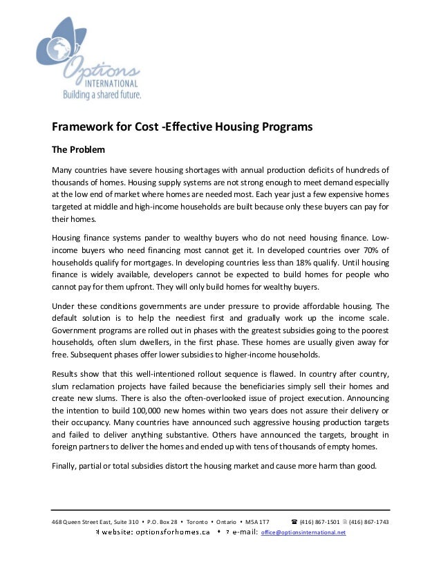 Options Framework for CostEffective Housing Programs