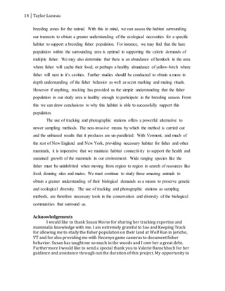 14 Taylor Luneau
breeding zones for the animal. With this in mind, we can assess the habitat surrounding
our transects to obtain a greater understanding of the ecological necessities for a specific
habitat to support a breeding fisher population. For instance, we may find that the hare
population within the surrounding area is optimal in supporting the caloric demands of
multiple fisher. We may also determine that there is an abundance of hemlock in the area
where fisher will cache their food; or perhaps a healthy abundance of yellow-birch where
fisher will nest in it’s cavities. Further studies should be conducted to obtain a more in
depth understanding of the fisher behavior as well as scent marking and mating rituals.
However if anything, tracking has provided us the simple understanding that the fisher
population in our study area is healthy enough to participate in the breeding season. From
this we can draw conclusions to why this habitat is able to successfully support this
population.
The use of tracking and photographic stations offers a powerful alternative to
newer sampling methods. The non-invasive means by which the method is carried out
and the unbiased results that it produces are un-paralleled. With Vermont, and much of
the rest of New England and New York, providing necessary habitat for fisher and other
mammals, it is imperative that we maintain habitat connectivity to support the health and
sustained growth of the mammals in our environment. Wide ranging species like the
fisher must be uninhibited when moving from region to region in search of resources like
food, denning sites and mates. We must continue to study these amazing animals to
obtain a greater understanding of their biological demands as a means to preserve genetic
and ecological diversity. The use of tracking and photographic stations as sampling
methods, are therefore necessary tools in the conservation and diversity of the biological
communities that surround us.
Acknowledgements
I would like to thank Susan Morse for sharing her tracking expertise and
mammalia knowledge with me. I am extremely grateful to Sue and Keeping Track
for allowing me to study the fisher population on their land at Wolf Run in Jericho,
VT and for also providing me with Reconyx game cameras to document fisher
behavior. Susan has taught me so much in the woods and I owe her a great debt.
Furthermore I would like to send a special thank you to Valerie Banschbach for her
guidance and assistance through out the duration of this project. My opportunity to
 