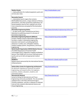 8 | P a g e
Medical Dealer
…trade publication for medical equipment, parts and
services plus news.
http://medicaldealer.com/
Biomedical Search
…a biomedical search engine that contains
NIH/PubMed documents, a large collection of theses,
dissertations, and other proprietary publications not
found anywhere else for free, making it one of the
most comprehensive and powerful free biomedical
searches.
http://www.biomedsearch.com
Biomedical Engineering Online
…an open access, peer-reviewed journal that is
dedicated to publishing research in all areas of
biomedical engineering.
http://www.biomedical-engineering-online.com
Biomedical Engineering Network (BMEnet)
Purdue’s Weldon School of Biomedical Engineering
has been a leader in biomedical engineering
education and research, providing significant
advances in cardiac care, orthopedic implants,
medical imaging systems, drug delivery, and tissue
engineering.
https://engineering.purdue.edu/BME
World Health Organization (WHO) Medical Devices
The WHO Department of Essential Health
Technologies (EHT), Diagnostics Imaging and Medical
devices Team (DIM) aims to ensure improved access,
quality and use of safe and appropriate medical
devices.
http://www.who.int/medical_devices/en/
BIOMCH-L
Bulletin board sponsored by the International Society
of Biomechanics.
http://biomch-l.isbweb.org/forum.php
Online Ethics Center for Engineering and Research
An electronic repository of resources on science,
engineering, and research ethics, for engineers,
scientists, scholars, educators, students, and
interested citizens.
http://onlineethics.org
Biomaterials Network
aimed at linking the Biomaterials and Tissue
Engineering community worldwide. This site provides
updated news in the field, delivered through a
monthly newsletter, and also a collection of selected
internet links related to Biomaterials Science and
Tissue Engineering.
http://www.biomat.net
 