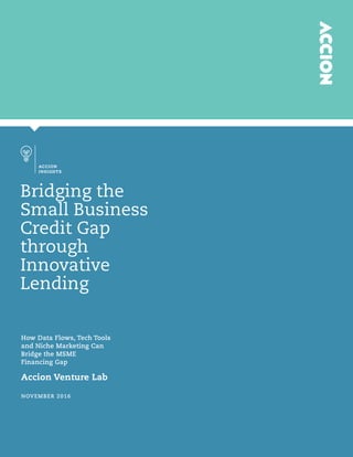 Page 1MSME Finance: Acquisition, Underwriting, Funding Innovations
How Data Flows, Tech Tools
and Niche Marketing Can
Bridge the MSME
Financing Gap
Accion Venture Lab
NOVEMBER 2016
Bridging the
Small Business
Credit Gap
through
Innovative
Lending
ACCION
INSIGHTS
 