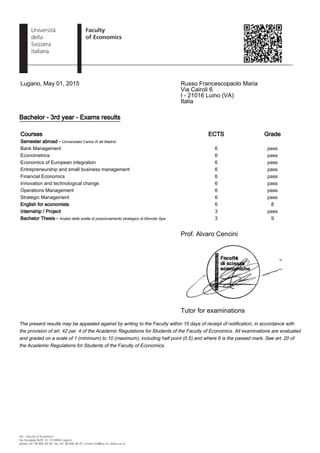 Bachelor - 3rd year - Exams results
Prof. Alvaro Cencini
Tutor for examinations
The present results may be appealed against by writing to the Faculty within 15 days of receipt of notification, in accordance with
the provision of art. 42 par. 4 of the Academic Regulations for Students of the Faculty of Economics. All examinations are evaluated
and graded on a scale of 1 (minimum) to 10 (maximum), including half point (0.5) and where 6 is the passed mark. See art. 20 of
the Academic Regulations for Students of the Faculty of Economics.
Lugano, May 01, 2015 Russo Francescopaolo Maria
Via Cairoli 6
I - 21016 Luino (VA)
Italia
Courses ECTS Grade
Semester abroad - Universidad Carlos III de Madrid
Bank Management 6 pass
Econometrics 6 pass
Economics of European integration 6 pass
Entrepreneurship and small business management 6 pass
Financial Economics 6 pass
Innovation and technological change 6 pass
Operations Management 6 pass
Strategic Management 6 pass
English for economists 6 8
Internship / Project 3 pass
Bachelor Thesis - Analisi delle scelte di posizionamento strategico di Moncler Spa 3 9
 