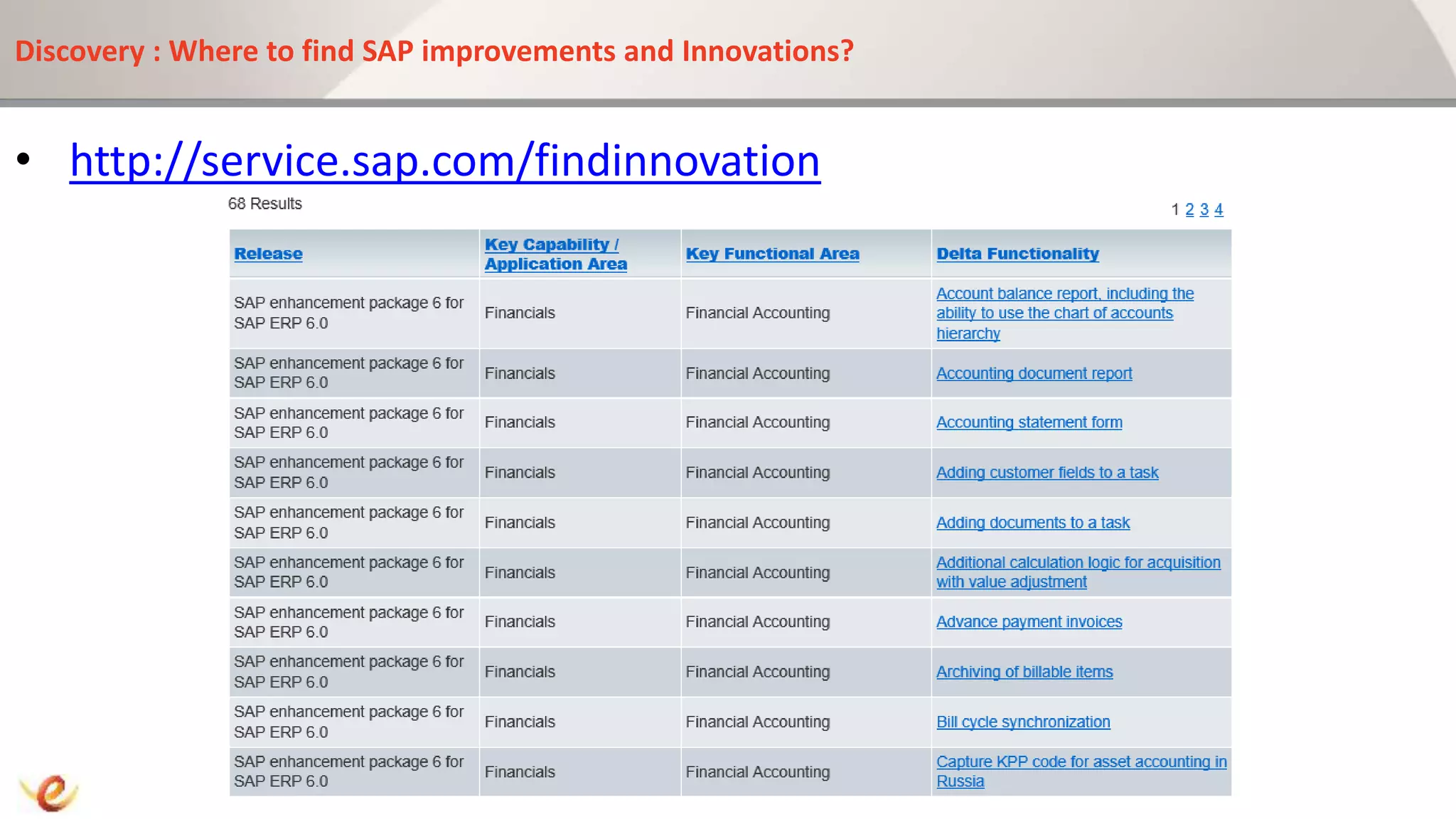 Discovery : Where to find SAP improvements and Innovations?
• http://service.sap.com/findinnovation
 