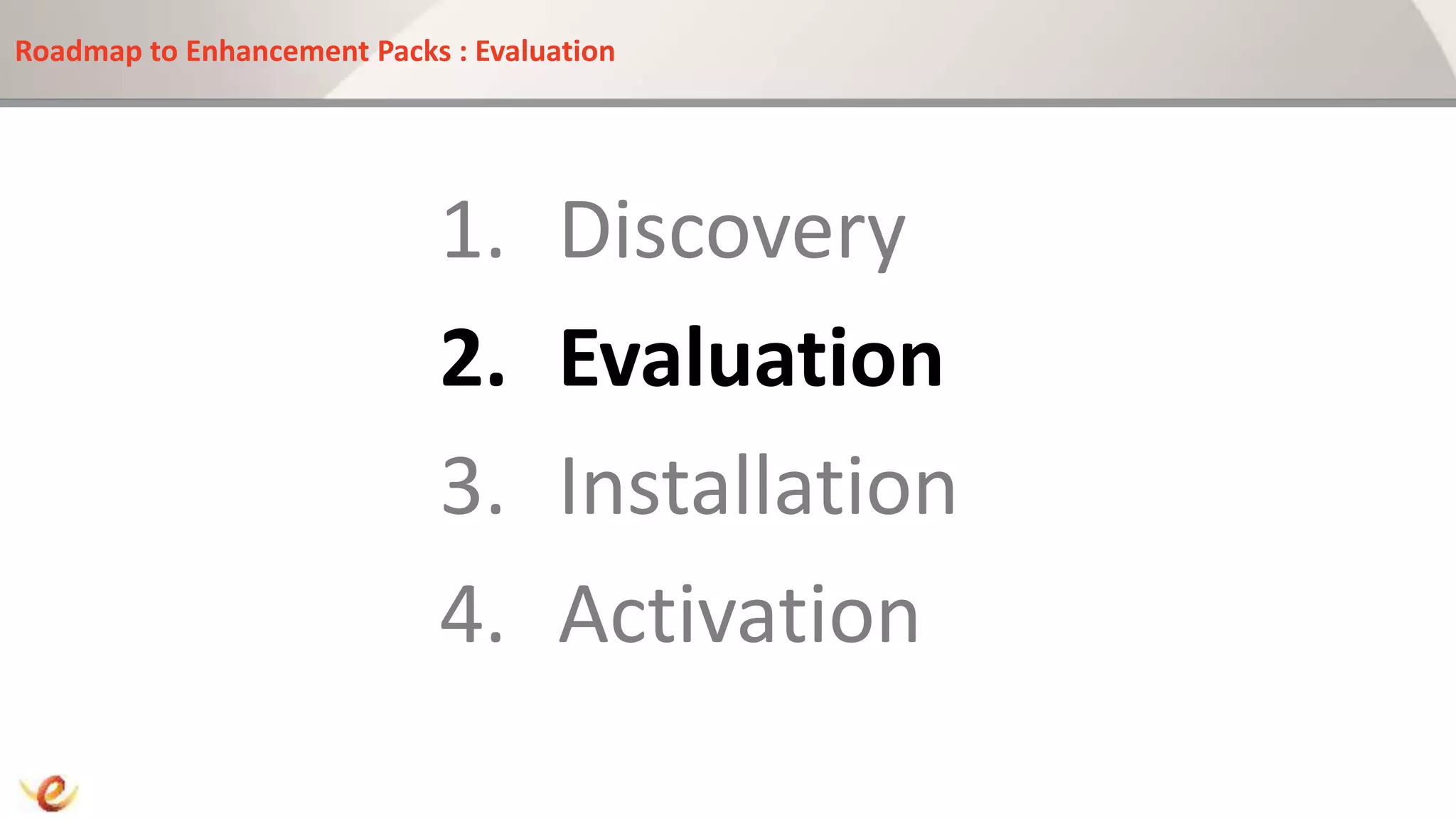 Roadmap to Enhancement Packs : Evaluation
1. Discovery
2. Evaluation
3. Installation
4. Activation
 