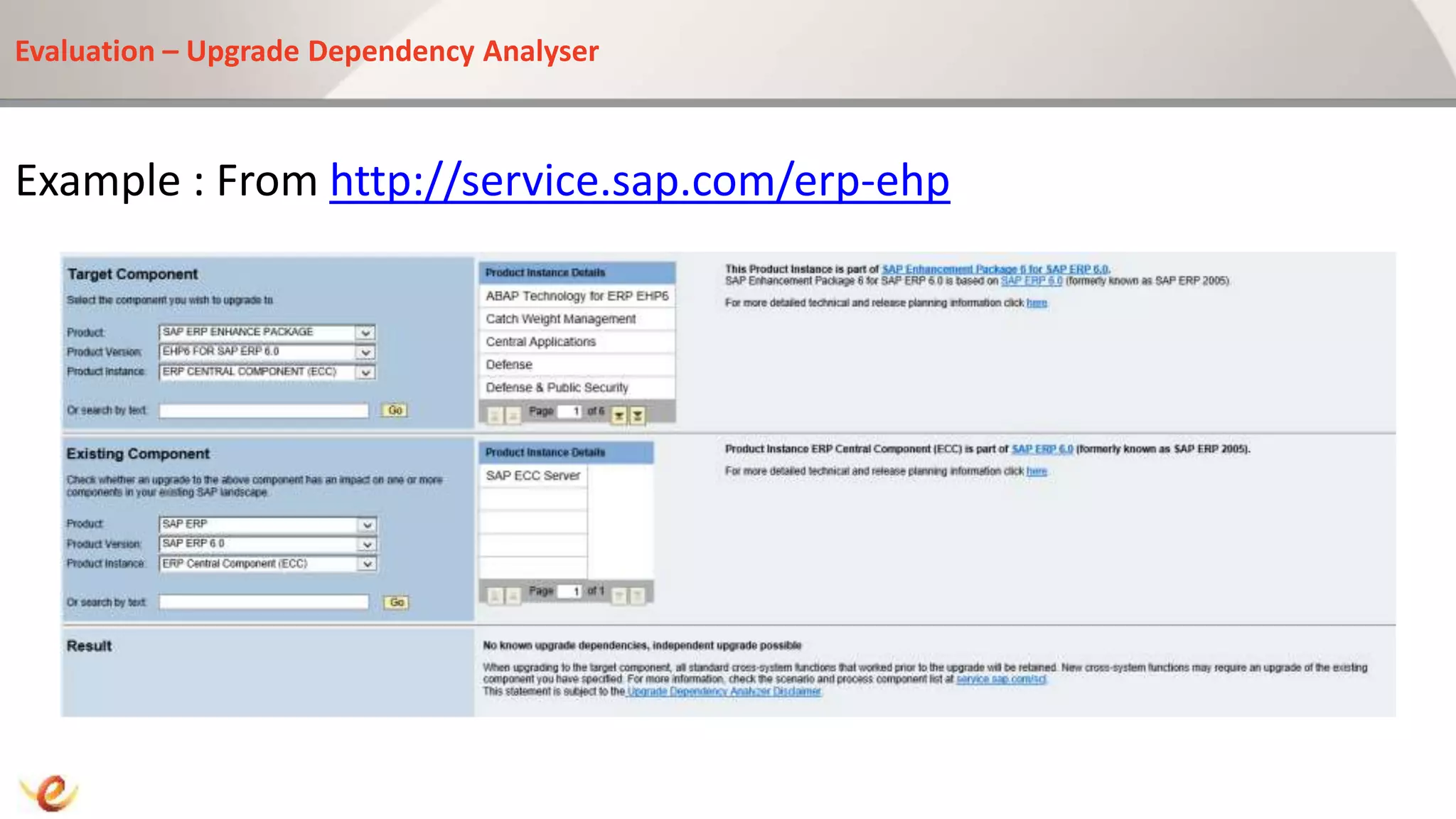 Evaluation – Upgrade Dependency Analyser
Example : From http://service.sap.com/erp-ehp
 