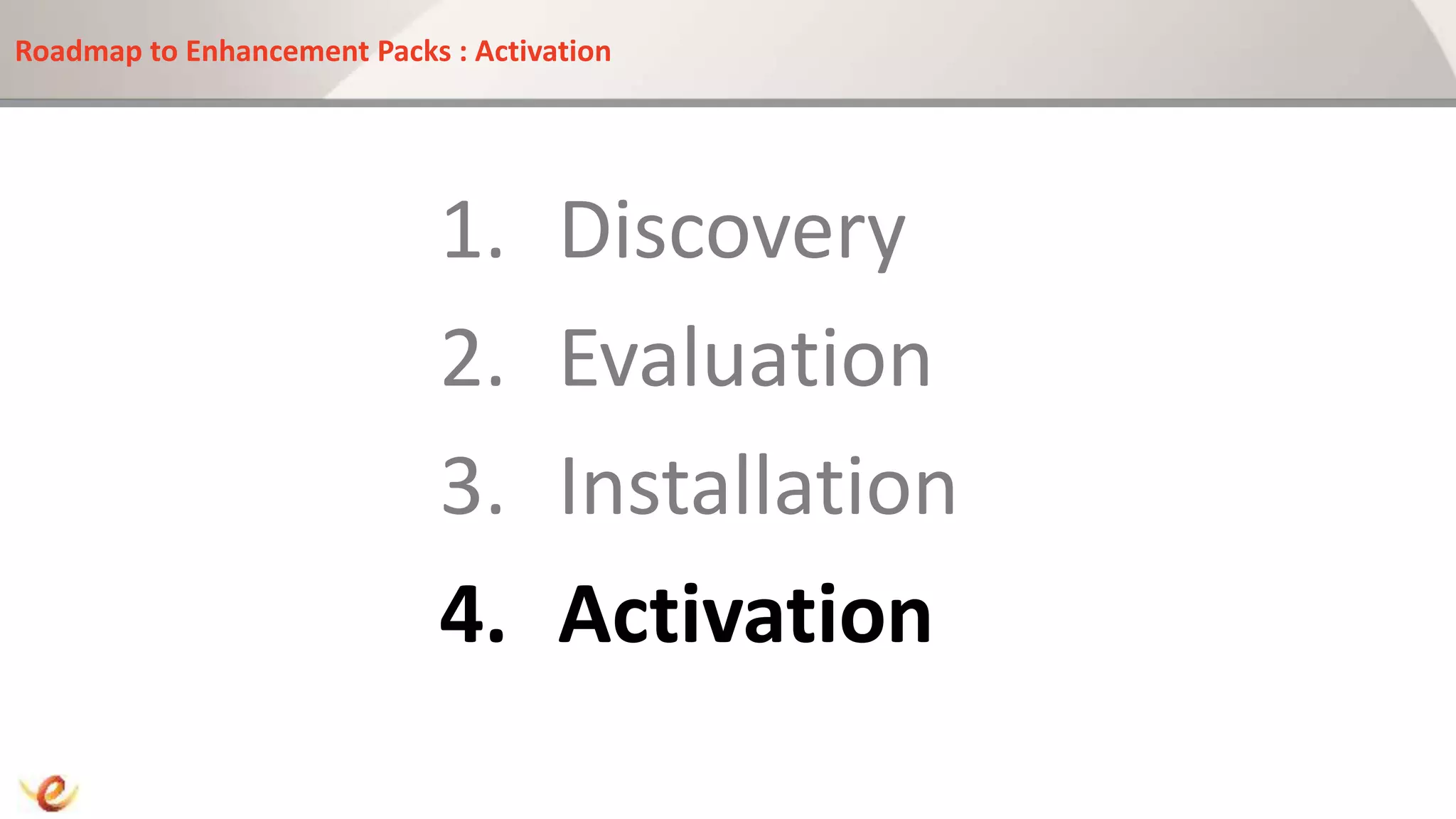 Roadmap to Enhancement Packs : Activation
1. Discovery
2. Evaluation
3. Installation
4. Activation
 