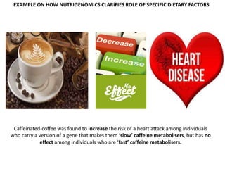 EXAMPLE ON HOW NUTRIGENOMICS CLARIFIES ROLE OF SPECIFIC DIETARY FACTORS
Caffeinated-coffee was found to increase the risk of a heart attack among individuals
who carry a version of a gene that makes them ‘slow’ caffeine metabolisers, but has no
effect among individuals who are ‘fast’ caffeine metabolisers.
 