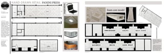 inspiration
FLOOR PLAN
REFLECTED CEILING PLAN
WEST SECTION NORTH PERSPECTIVE
foam core model
NORTH SECTION
SOUTH SECTION
ISOMETIC VIEW
Influenced by the shape of a
panini maker, rectinlinear forms
emerged from the simple geom-
etry that was initially
created.
Triangular counters & diamond
shaped display cases fit into the
grid pattern. Offset diamond
shaped ceiling panels house light
fixtures and bring an overall
unity to the appliance store.
PROJECT
An appliance store.
LOCATION
Boston, MA.
CONCEPT
The project entailed
designing a retail store
using a grid system.
Students were to chose
a kitchen appliance
and create an organiza-
tion from the geomet-
ric pattern. The Panini
Press is home to dif-
ferent brands of pani-
ni makers. The final
presentation was hand
drawn and presented
with a model.
APPLIED SKILLS
Vectorworks
Photoshop
Illustrator
Photography
Craftsmanship
HAND-DRAWN RETAIL: PANINI PRESS
 