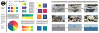 L-4: Using the platform (PC or Mac), a monitor of your choice
and color papers, try to “match” the additive of the colors on the
screen versus the colors printed out on paper.
H-2: Using color papers, illustrate the primary, secondary, and
intermediate saturated hues as a strip of equal-size pieces. The
colors much touch one another without the interference of lines.
Make sure that the intervals between the colors are equal.
H-3: Illustrate a single hue in cooler and warmer versions. Start with a saturated
color, then select two steps moving cooler and two steps moving warmer. Cut the
colors into squares and arrange your selections as a series of visually logical steps.
H-4: Select a group of at least five analogous colors. Use saturated hues only.
Mount the squares in visually logical order. Repeat the steps, but as muted colors.
IN-2: Using color papers, make two different hues in any form (pure
hue, tint, shade, or muted) appear to be the same by placing them on
different grounds.
IN-3: Using color papers, make a tertiary color appear to be two
different colors by placing it on different grounds.
IL-1b: Using color papers, cre-
ate a transparence illusions
starting with one hue in two
different values.
IL-1c: Repeat, starting with one
warm hue and one cool hue in
any value or saturation.
IL-1d: Repeat, starting with one
saturated hue and any grey.
- - - - - - - - - - - - - - - - - - - - - -
IN-1a: Using color papers, make
a single saturated hue
appear to be two different
values by placing it on different
grounds.
IN-1b: Repeat, but make a
single saturated color appear to
be two different hues by placing
it on different grounds.
SUNNYPARTLY CLOUDYCLOUDY
SUNNYPARTLY CLOUDYCLOUDY
SUNNYPARTLY CLOUDYCLOUDY
PROJECT
Experimenting with
color and light.
CLASS
Color  Composition.
CONCEPT
This class entailed
working with color
papers in order to bet-
ter understand the
relations between dif-
ferent values, hues,
saturation, etc. In
addition, we photo-
graphed different
nature scenes to
understand the way
light affects how the
human eye perceives
color in different
settings.
APPLIED SKILLS
Photoshop
Illustrator
Photography
Color application
THEORY: COLOR  LIGHT STUDY OF NATURE THROUGH LIGHT IN DIFFERENT WEATHER CONDITIONS
 