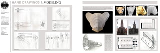 PROJECT
Hand Drawings  3D
Modeling.
CONCEPT
An Architectural class
that allowed students
to study a single kitch-
en appliance and draw
it in its resting state,
its motion states, and
other various positions.
APPLIED SKILLS
Hand drafting
Ruler
T-Square
Various pencils
hip board
Architectural tools
HAND DRAWINGS  MODELING
THREE VIEWS
OBJECT IN MOTION OBJECT IN MOTION
OBJECT AT REST
OBLIQUE VIEW
By examining the head of a plastic animal, students were to replicate it in a series of planes using matte
board. By cutting out a profile view of the head with slits half way down 1/2” apart, pieces representing the
width of the face were cut precisely to scale, with slits half way up, to slide into place.
To the left, a detailed
sketch of Converse
Sneakers. Lead pencil
media of varying
hardness and softness.
To the right, a church
study. By examining the
Trinity Church in Bos-
ton, MA, students were
to produce a floor plan,
section, and axonomet-
ric drawing by sight
using dimensions and
photographs taken at the
scene.
 