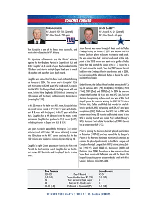 2015 new york giants • week 7 • vs. dallas cowboys
TOM COUGHLIN
NFL Record: 179-150 (Overall)
NFL Head Coach: 20th year
Tom Coughlin is one of the finest, most successful, and
most admired coaches in NFL history.
His signature achievements are the Giants’ victories
against the New England Patriots in Super Bowls XLII and
XLVI. Coughlin’s 2-0 record in Super Bowls makes him the
13th head coach to win multiple Super Bowls and is one of
18 coaches with a perfect Super Bowl record.
Coughlin was named the 16th head coach in Giants history
on January 6, 2004. This season marks Coughlin’s 12th
with the Giants and 20th as an NFL head coach. Coughlin
has the NFL’s third-longest head coaching tenure with one
team, behind New England’s Bill Belichick (entering his
15th season with the team) and Cincinnati’s Marvin Lewis
(entering his 12th).
In his 20 years at the helm of an NFL team, Coughlin holds
an overall career record of 179-150. (12 years with the Gi-
ants & 8 years with the Jaguars) In his 12 years with New
York, Coughlin has a 99-83 record with the team. In the
postseason Coughlin has produced a 12-7 record (.632),
including victories in Super Bowl XLII & XLVI.
Last year, Coughlin passed Mike Holmgren (161 career
victories) and Jeff Fisher (162 career victories) to move
into 13th place on the NFL’s career coaching list. He has
166 victories and needs five victories to crack the top 10.
Coughlin’s eight Giants postseason victories tie him with
Parcells for the franchise record. Coughlin has led the Gi-
ants to two NFC East titles and five playoff berths in nine
years.
Jason Garrett was named the eighth head coach in Dallas
Cowboys history on January 5, 2011 and became the first
former Cowboys player to become the team’s head coach.
He was named the club’s interim head coach at the mid-
point of the 2010 season and went on to guide a Dallas
team that had started the season with a 1-7 record to a
5-3 mark down the stretch. Since the 2007 season Garrett
had been the Cowboys offensive coordinator, and in 2008,
he was assigned the additional duties of being the club’s
assistant head coach.
under Garrett, the Dallas offense finished among the NFL’s
top-10 six times: 2014 (7th), 2013 (10th), 2012 (6th), 2010
(10th), 2009 (2nd) and 2007 (2nd). In 2014 he oversaw
a team that finished 12-4 and won the NFC East, his first
division championship as head coach, and won a Wild Card
playoff game. En route to winning the 2009 NFC Eastern
Division title, Dallas established club records for total of-
fensive yards (6,390), net passing yards (4,287) and pass
completions (347). Dallas won the NFC East in 2007 with
a team-record tying 13 victories and finished second in the
NFL in scoring. Garrett was named Pro Football Weekly’s
NFL’s Assistant Coach of the Year in March of 2008. Garrett
has a career record of 42-32.
Prior to joining the Cowboys, Garrett played quarterback
at Princeton (1987-88) and was named the Ivy League’s
Player of the Year and honorable mention All-American as
a senior. He played professionally in the World League and
Canadian Football League (both 1991) before joining Dal-
las (1992-99), Giants (2000-03), Buccaneers (2004) and
Dolphins (also 2004). Garrett was a key reserve on three
Super Bowl teams with Dallas and one with the Giants. He
began his coaching career as quarterbacks’ coach with Nick
Saban’s Dolphins from 2005-2006.
TOM COUGHLIN JASON GARRETT
179-150 Overall Record 43-34
1-3 (0-0) Career Head-to-Head RS (PS) 3-1 (0-0)
12 Years as Team’s Head Coach 3
20 Years as NFL Head Coach 3
12-13 (0-2) RS Record vs. Opponent (PS) 3-1 (0-0)
COACHES CORNER
JASON GARRETT
NFL Record: 43-34 (Overall)
NFL Head Coach: 6th year
 