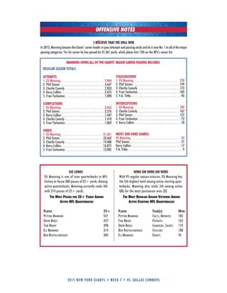 2015 new york giants • week 7 • vs. dallas cowboys
REGuLAR SEASON TOTALS
ATTEMPTS
1. Eli Manning. . . . . . . . . . . . . . . . . . . . . . . . . . . . . .5,844
2. Phil Simms . . . . . . . . . . . . . . . . . . . . . . . . . . . . . .4,647
3. Charlie Conerly . . . . . . . . . . . . . . . . . . . . . . . . . . .2,833
4. kerry Collins . . . . . . . . . . . . . . . . . . . . . . . . . . . . .2,473
5. Fran Tarkenton . . . . . . . . . . . . . . . . . . . . . . . . . . .1,898
COMPLETIONS
1. Eli Manning. . . . . . . . . . . . . . . . . . . . . . . . . . . . . .3,463
2. Phil Simms . . . . . . . . . . . . . . . . . . . . . . . . . . . . . .2,576
3. kerry Collins . . . . . . . . . . . . . . . . . . . . . . . . . . . . .1,447
4. Charlie Conerly . . . . . . . . . . . . . . . . . . . . . . . . . . .1,418
5. Fran Tarkenton . . . . . . . . . . . . . . . . . . . . . . . . . . .1,069
YARDS
1. Eli Manning . . . . . . . . . . . . . . . . . . . . . . . . . . . .41,361
2. Phil Simms . . . . . . . . . . . . . . . . . . . . . . . . . . . . .33,462
3. Charlie Conerly . . . . . . . . . . . . . . . . . . . . . . . . . .19,488
4. kerry Collins . . . . . . . . . . . . . . . . . . . . . . . . . . . .16,875
5. Fran Tarkenton . . . . . . . . . . . . . . . . . . . . . . . . . .13,905
TOUCHDOWNS
1. Eli Manning . . . . . . . . . . . . . . . . . . . . . . . . . . . . . . 270
2. Phil Simms . . . . . . . . . . . . . . . . . . . . . . . . . . . . . . . 199
3. Charlie Conerly . . . . . . . . . . . . . . . . . . . . . . . . . . . . 173
4. Fran Tarkenton . . . . . . . . . . . . . . . . . . . . . . . . . . . . 103
5. Y.A. Tittle. . . . . . . . . . . . . . . . . . . . . . . . . . . . . . . . . . 96
INTERCEPTIONS
1. Eli Manning. . . . . . . . . . . . . . . . . . . . . . . . . . . . . . . 189
2. Charlie Conerly . . . . . . . . . . . . . . . . . . . . . . . . . . . . 167
3. Phil Simms . . . . . . . . . . . . . . . . . . . . . . . . . . . . . . . 157
4. Fran Tarkenton . . . . . . . . . . . . . . . . . . . . . . . . . . . . 72
5. kerry Collins . . . . . . . . . . . . . . . . . . . . . . . . . . . . . . . 70
MOST 300-YARD GAMES:
Eli Manning . . . . . . . . . . . . . . . . . . . . . . . . . . . . . . . . . 34
Phil Simms . . . . . . . . . . . . . . . . . . . . . . . . . . . . . . . . . . 21
kerry Collins . . . . . . . . . . . . . . . . . . . . . . . . . . . . . . . . . 17
Y.A. Tittle. . . . . . . . . . . . . . . . . . . . . . . . . . . . . . . . . . . . . 9
MANNING OWNS ALL OF THE GIANTS’ MAJOR CAREER PASSING RECORDS
OFFENSIVE NOTES
WINS ON WINS ON WINS
With 95 regular season victories, Eli Manning has
the 5th-highest total among active starting quar-
terbacks. Manning also ranks 5th among active
QBs for the most postseason wins (8).
THE MOST REGULAR-SEASON VICTORIES AMONG
ACTIVE STARTING NFL QUARTERBACKS
Player team(s) wins
Peyton Manning Colts, BronCos 185
toM Brady Patriots 165
dreW Brees Chargers, saints 119
Ben roethlisBerger steelers 108
eli Manning giants 95
GO LONG!
Eli Manning is one of nine quarterbacks in NFL
history to throw 300 passes of 25+ yards. Among
active quarterbacks, Manning currently ranks 4th
with 314 passes of 25+ yards.
THE MOST PASSES FOR 25+ YARDS AMONG
ACTIVE NFL QUARTERBACKS
Player 25+
Peyton Manning 541
dreW Brees 427
toM Brady 398
eli Manning 314
Ben roethlisBerger 304
I BELIEVE THAT WE WILL WIN
In 2013, Manning became the Giants’ career leader in pass attempts and passing yards and he is now No. 1 in all of the major
passing categories. For his career he has passed for 41,361 yards, which places him 12th on the NFL’s career list.
 