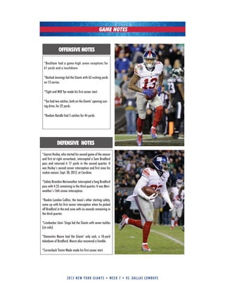 2015 new york giants • week 7 • vs. dallas cowboys
GAME NOTES
*Beckham had a game-high seven receptions for
61 yards and a touchdown.
*Rashad Jennings led the Giants with 63 rushing yards
on 13 carries.
*Tight end Will Tye made his first career start.
*Tye had two catches, both on the Giants’ opening scor-
ing drive, for 22 yards.
*Rueben Randle had 5 catches for 44 yards.
*Jayron Hosley, who started his second game of the season
and first at right cornerback, intercepted a Sam Bradford
pass and returned it 17 yards in the second quarter. It
was Hosley’s second career interception and first since his
rookie season, Sept. 20, 2012, at Carolina.
*Safety Brandon Meriweather intercepted a long Bradford
pass with 4:55 remaining in the third quarter. It was Meri-
weather’s 16th career interception.
*Rookie Landon Collins, the team’s other starting safety,
came up with his first career interception when he picked
off Bradford in the end zone with six seconds remaining in
the third quarter.
*Linebacker uani ‘unga led the Giants with seven tackles
(six solo).
*Damontre Moore had the Giants’ only sack, a 10-yard
takedown of Bradford. Moore also recovered a fumble.
*Cornerback Trevin Wade made his first career start.
OFFENSIVE NOTES
DEFENSIVE NOTES
 