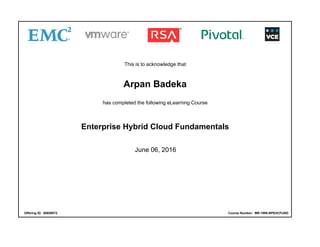 This is to acknowledge that
Arpan Badeka
has completed the following eLearning Course
Enterprise Hybrid Cloud Fundamentals
June 06, 2016
Offering ID: 00659072 Course Number: MR-1WN-NPEHCFUND
 