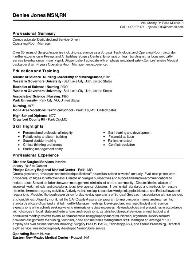 denise jones msn rn resume operating room nurse resume