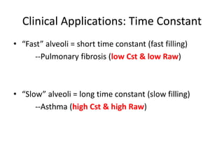 Clinical Applications: Time Constant
• “Fast” alveoli = short time constant (fast filling)
--Pulmonary fibrosis (low Cst & low Raw)
• “Slow” alveoli = long time constant (slow filling)
--Asthma (high Cst & high Raw)
 