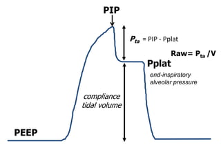 PEEP
PIP
Pplat
Raw= Pta /V
compliance
tidal volume
end-inspiratory
alveolar pressure
Pta = PIP - Pplat
 