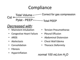 normal 100 mL/cm H2O
Cst =
Pplat - PEEP
Tidal Volume
Compliance
• Mainstem Intubation
• Congestive Heart Failure
• ARDS
• Atelectasis
• Consolidation
• Fibrosis
• Hyperinflation
• Tension Pneumothorax
• Pleural Effusion
• Abdominal Distension
• Chest Wall Edema
• Thoracic Deformity
Decreased with:
Correct for gas compression
Total PEEP
 