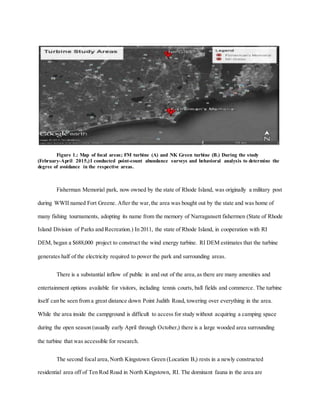 Figure 1.: Map of focal areas; FM turbine (A) and NK Green turbine (B.) During the study
(February-April 2015,)I conducted point-count abundance surveys and behavioral analysis to determine the
degree of avoidance in the respective areas.
Fisherman Memorial park, now owned by the state of Rhode Island, was originally a military post
during WWII named Fort Greene. After the war,the area was bought out by the state and was home of
many fishing tournaments, adopting its name from the memory of Narragansett fishermen (State of Rhode
Island Division of Parks and Recreation.) In 2011, the state of Rhode Island, in cooperation with RI
DEM, began a $688,000 project to construct the wind energy turbine. RI DEM estimates that the turbine
generates half of the electricity required to power the park and surrounding areas.
There is a substantial inflow of public in and out of the area,as there are many amenities and
entertainment options available for visitors, including tennis courts, ball fields and commerce. The turbine
itself can be seen from a great distance down Point Judith Road, towering over everything in the area.
While the area inside the campground is difficult to access for study without acquiring a camping space
during the open season (usually early April through October,) there is a large wooded area surrounding
the turbine that was accessible for research.
The second focal area,North Kingstown Green (Location B,) rests in a newly constructed
residential area off of Ten Rod Road in North Kingstown, RI. The dominant fauna in the area are
 